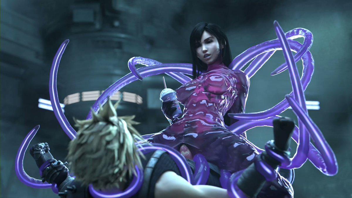 tifa rides cloud with tentacles holding him